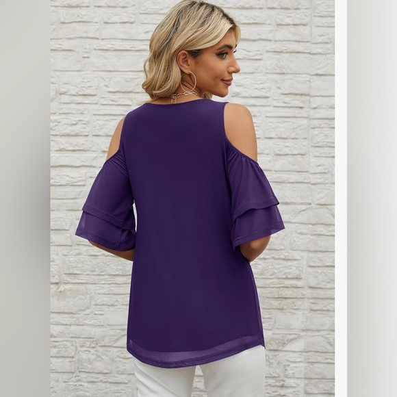BNWT-2025-Cold Shoulder Short Sleeve Tunic Shirt V Neck Mesh 2 Layers Blouses - Picture 2 of 7